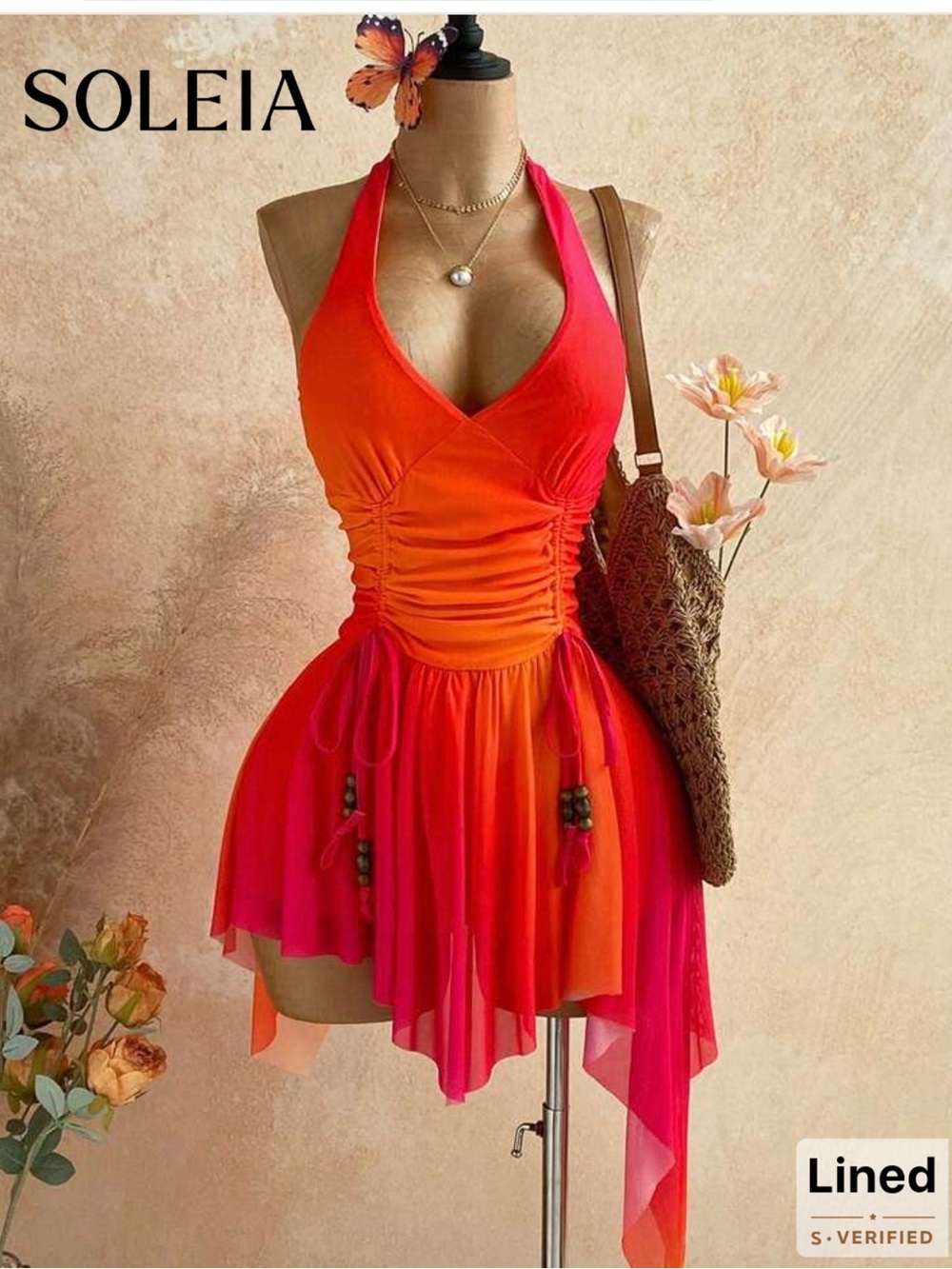 SHEIN Orange and Pink Halter Ruched Asymmetrical Mini Dress